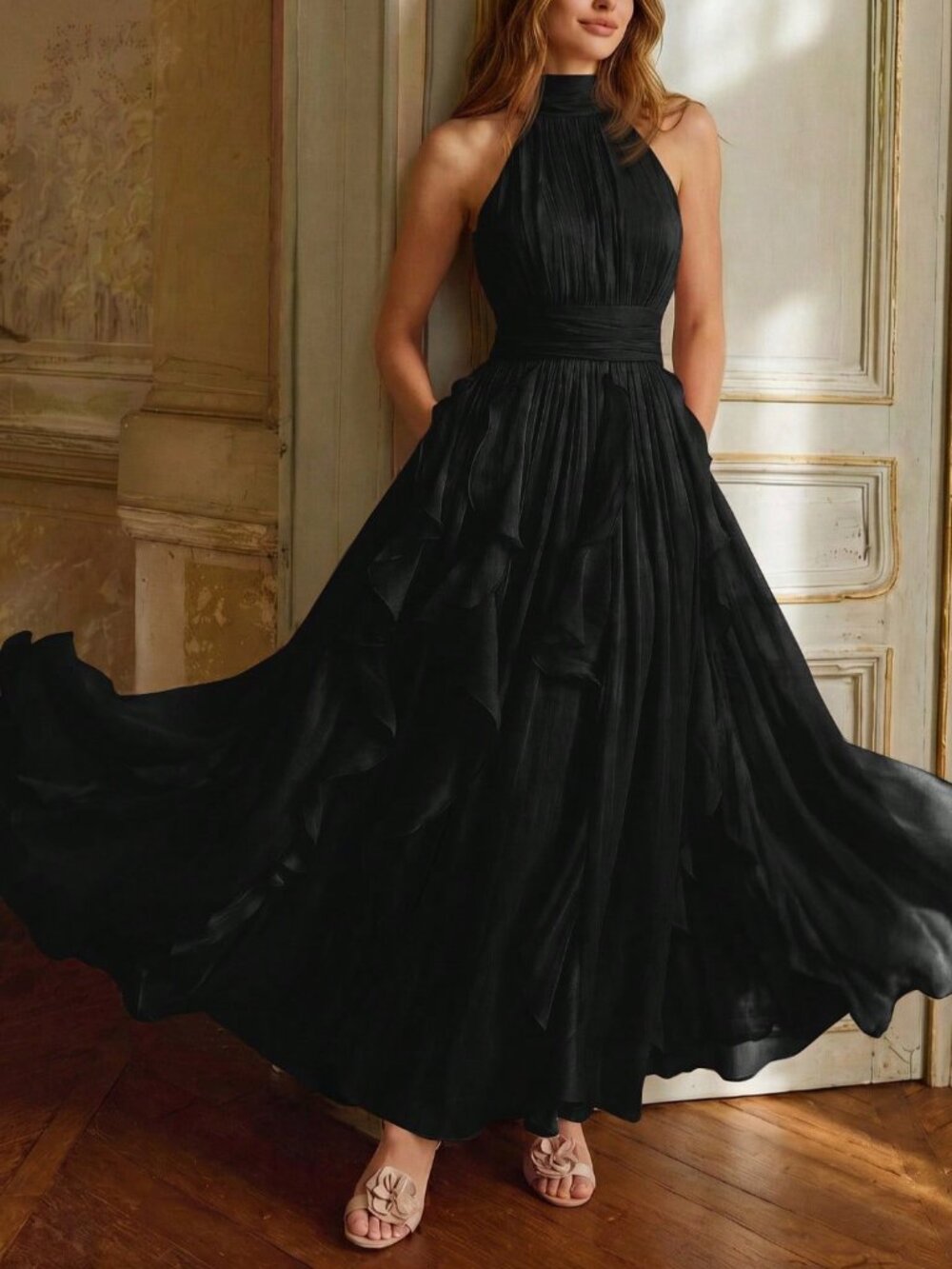 Black Elegant Women's Backless Ruffle Zipper Halter Long Dress